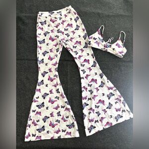 Rue 21 Butterfly Mesh Coverup Flare Pants Bell Bottom White Pink Junior Size M